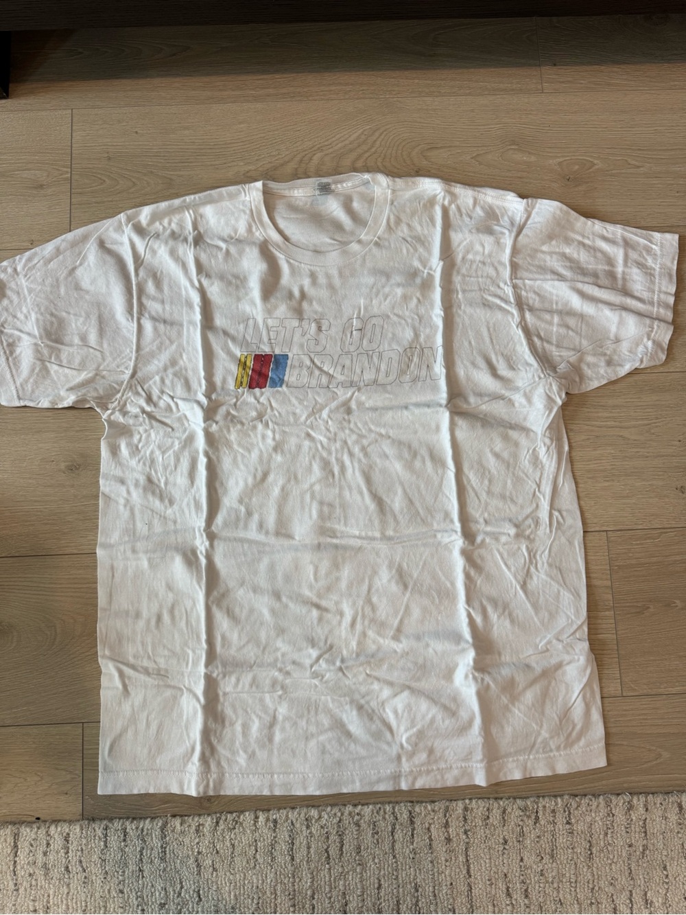 Let’s Go Brandon White Graphic Crewneck T-Shirt with Subtle Multicolor Accent